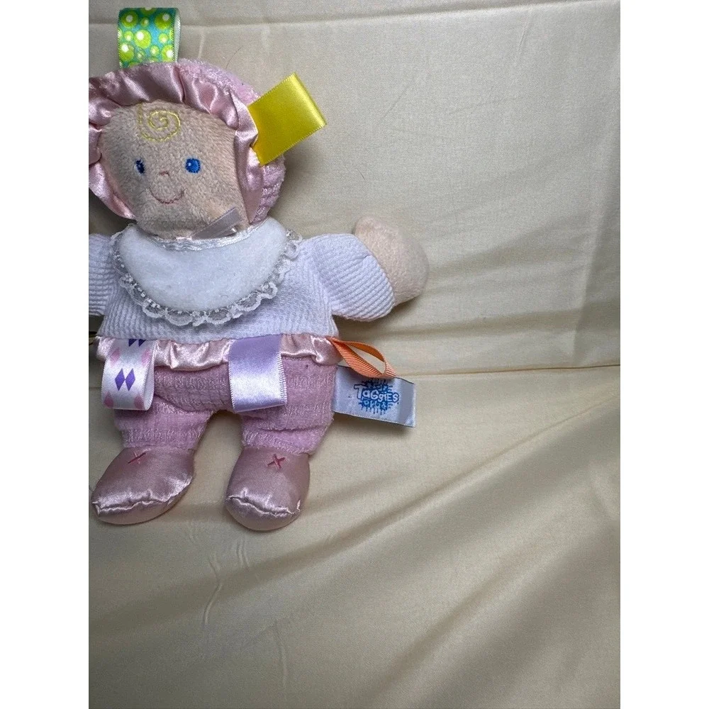 Taggies Baby Doll Plush Pink White Sensory Ribbon Tags Small GUC